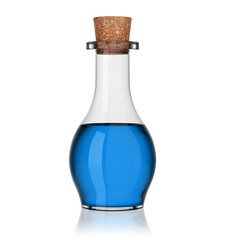 Round glass corked bottle with blue liquid. Magic elixir or mana potion