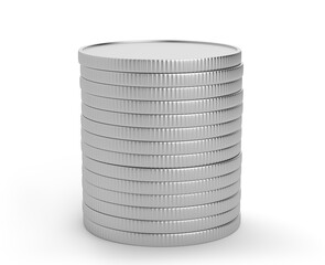 Stack of silver coins isolated on white background.