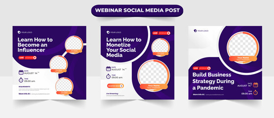 Collection of online live webinar social media post or square banner template design