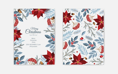 Obraz na płótnie Canvas Set of Merry Christmas greeting cards, vertical banners, flyers, invitations. Happy New Year, Happy Holidays cards with christmas florals and winter objects
