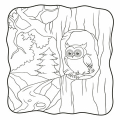 cartoon illustration owl is in front of his house book or page for kids black and white