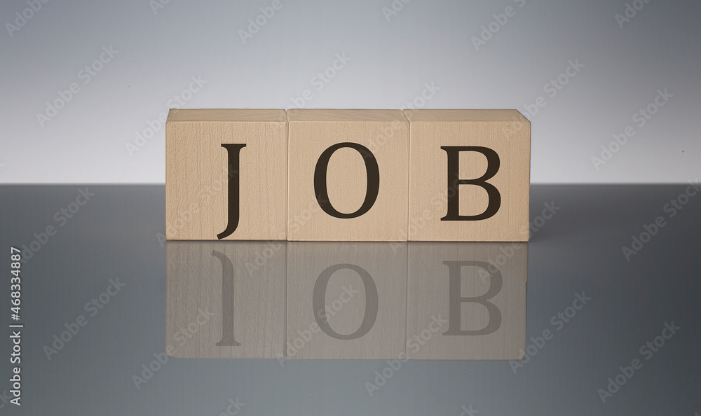 Poster job word made with building blocks isolated on grey background