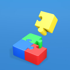 Jigsaw puzzle in action. Symbol of team work, strategy, solution, connection. Business concept. 3D render illustration. Clipping path of each element included.
