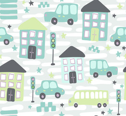 
Cute kids vector seamless pattern with hand drawn cars, buses in the city with houses. Various transport for printing on textiles and paper. Illustration for boys about travel and traffic on the road