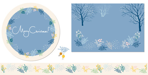 Winter landscape. Vector frame with winter forest, round card with the inscription Merry Christmas, seamless garland of snowflakes, berries, twigs