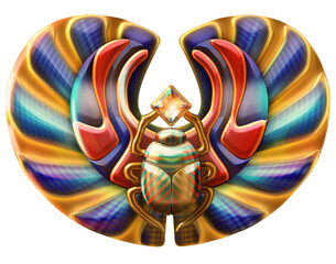 Representation of an Egyptian scarab beetle amulet. The winged beetle was a symbol of renewal and rebirth in ancient Egypt. 3D illustration isolated on white background  - obrazy, fototapety, plakaty