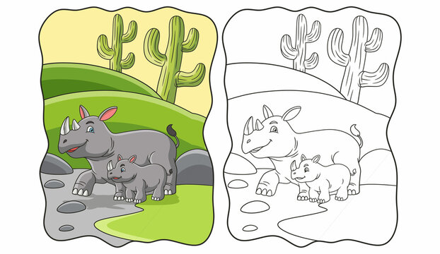 cartoon illustration mother rhino with her cubs walking in the forest book or page for kids