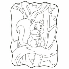 cartoon illustration the squirrel is sitting on a tree trunk in the middle of the forest book or page for kids black and white