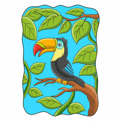 cartoon illustration toucan bird perched on a tall tree trunk © Wahyu