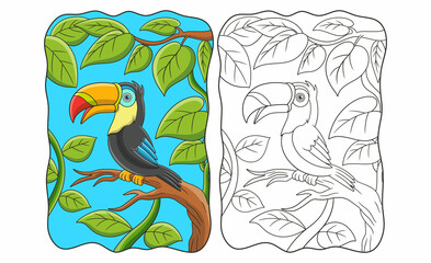cartoon illustration toucan bird perched on a tall tree trunk book or page for kids © Wahyu