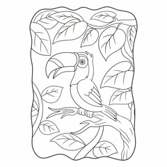 cartoon illustration toucan bird perched on a tall tree trunk book or page for kids black and white © Wahyu