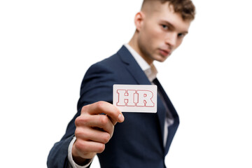 A businessman shows an inscription: HR