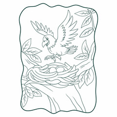 cartoon illustration the eagle perched on its nest in the tree book or page for kids black and white