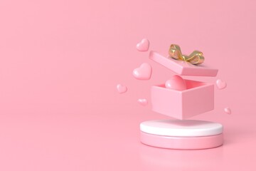 Abstract minimal scene,pastel color round stand with open gift box for cosmetic or product display podium 3d render.	
