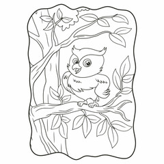 cartoon illustration owl with cool pose perched on tree trunk book or page for kids black and white