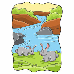 cartoon illustration two rabbits eating grass by the river