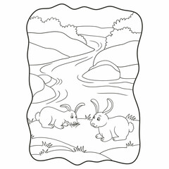 cartoon illustration two rabbits eating grass by the river book or page for kids black and white