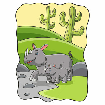 cartoon illustration mother rhino with her cubs walking in the forest