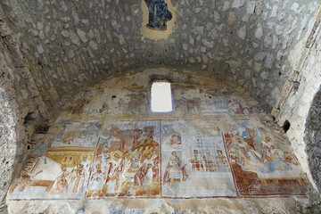 Inside of the Agia Sofia church of the archeologic site Mystras