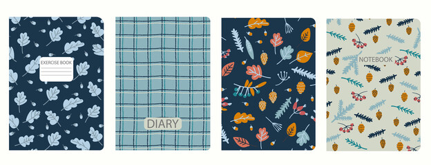 Cover page templates based on seamless patterns with berries, leaves, acorns, fir cones, gridline. Autumn, Thanksgiving concept. Backgrounds for notebooks, diaries. Headers isolated, replaceable