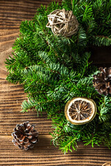 Christmas Homemade Vintage Wreath on Wooden Table