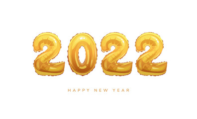 Happy New Year 2022 greeting card with golden inflatable air balloons isolated on white. Vector helium digits, sparkling festive glittering numbers, spring festival decoration, lunar holiday decor