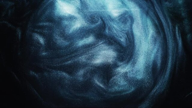Glitter mist whirl. Ink water. Cosmic dust. Sci-fi portal. Shimmering grain particles metallic blue fluid cloud animation in round frame on dark abstract background layer for intro.
