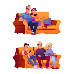 Couple of man and woman, grandmother, grandfather and grandson sitting on couch isolated cartoon people set. Vector family spend time together, boy teenager with smartphone, grandparents