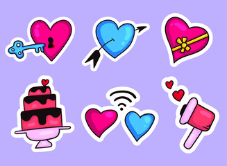 Colorful hand drawn valentine stickers collection