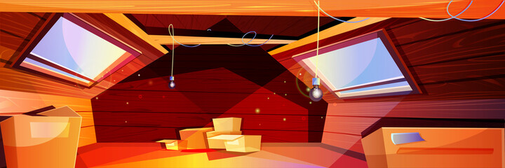 Vector cartoon interior of attic. Empty old mansard with carton boxes and windows. House space with wooden walls, roof with beams and light bulbs. Garret room with sunlight from window.