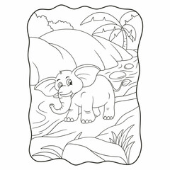 cartoon illustration an elephant walking by the river in the forest book or page for kids black and white