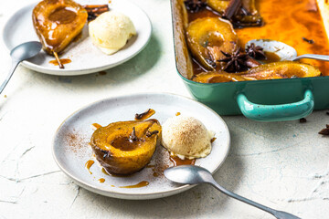 Sweet Ripe Pears Baked in Caramel. Hot Autumn Dessert