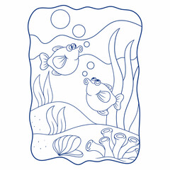 cartoon illustration two fish playing in the water with their mouths book or page for kids black and white