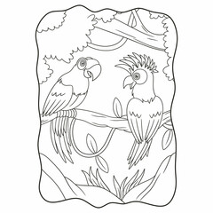 cartoon illustration two parrots on the tree trunk book or page for kids black and white