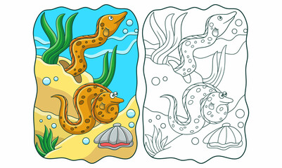 cartoon illustration two sea eels playing on the coral reef book or page for kids