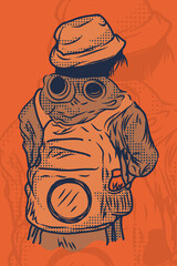 Fototapeta na wymiar Illustration of a man with a bag from the back in orange color tone