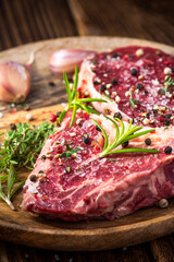 Fresh Raw Meat on Wooden Plate. Beef Steak Cut with Spices and Herbs