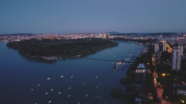 Drone night view Belgrade city, Serbia.	
