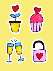 Colorful hand drawn valentine stickers collection