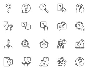 Fototapeta Set of Vector Line Icons Related to Question. Question Mark, Surprised Man, Dialog, Search for Answers. Editable Stroke. 48x48 Pixel Perfect. obraz