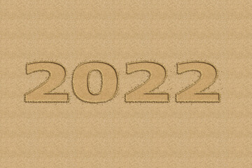 Fototapeta na wymiar 3D illustration New Year concept 2022 design with text sand design. Cover of business diary for 2022 with wishes. Brochure design template, card, banner. On sand background.