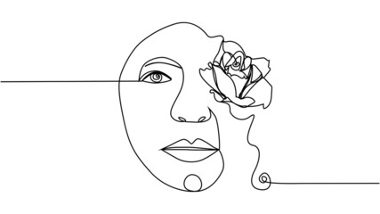 Woman face with flowers one line drawing. Continuous line drawing art. Flower bouquet in woman