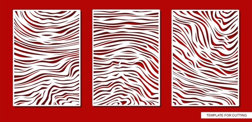 Set of decorative rectangular panels. Painting with a carved pattern. Abstract striped ornament of uneven lines, waves. Template for plotter laser cutting of paper, metal engraving, wood carving, cnc