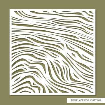 Decorative square panel with a carved pattern. Abstract striped ornament of uneven lines, waves. Wood texture. Vector sample for plotter laser cutting of paper, metal engraving, wood carving, cnc.
