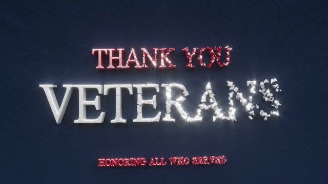 Thank you veterans, honoring all who served text inscription, Veterans Day 11 november memorial concept, american patriotic military symbol as lettering, 3d render of greeting card motion background