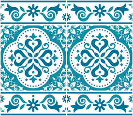 Lisbon, Portuguese style Azulejo tile seamless vector pattern with frame or border, decorative wallpaper or textile, fabric print with flowers
