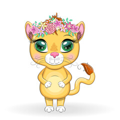 Cartoon lion with expressive eyes. Wild animals, character, childish cute style.