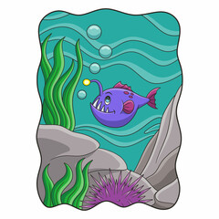 cartoon illustration angler fish swimming in the sea with sea urchins