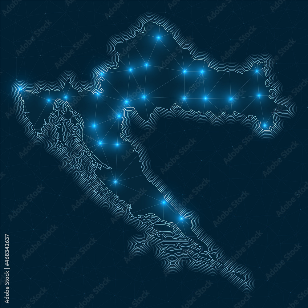 Poster croatia network map. abstract geometric map of the country. digital connections and telecommunicatio