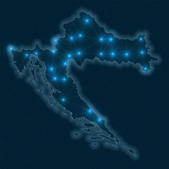 Croatia network map. Abstract geometric map of the country. Digital connections and telecommunication design. Glowing internet network. Captivating vector illustration.